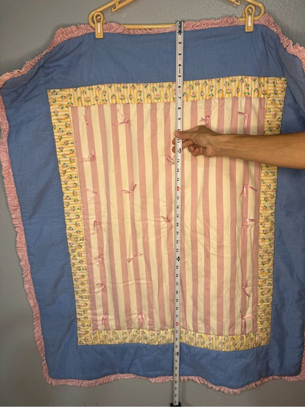 Blue and Pink Striped Baby Quilt with Floral Border